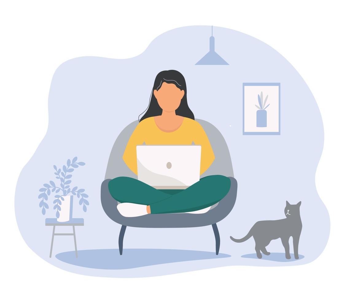 A woman is sitting with a laptop at home in an armchair, working remotely. A student studies online. Vector graphics.