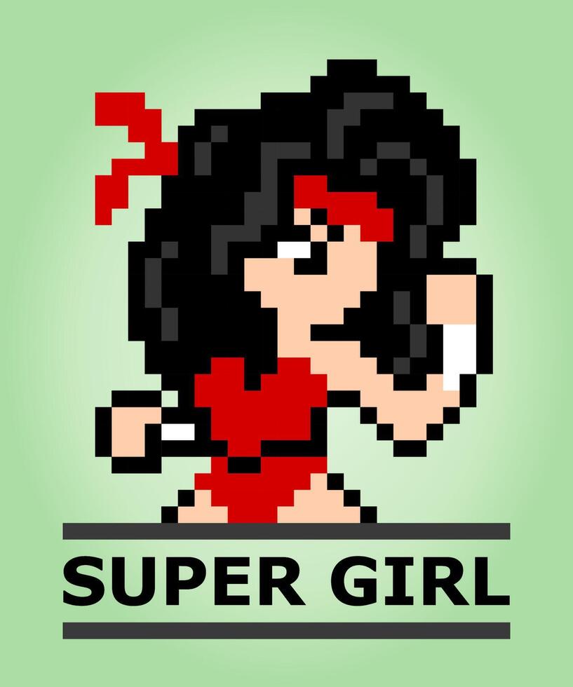 8-bit pixel hero of supergirl. Game character in vector illustration