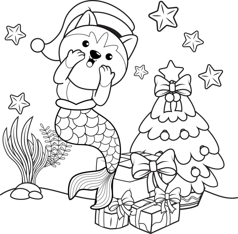 Christmas coloring book with cute husky mermaid vector