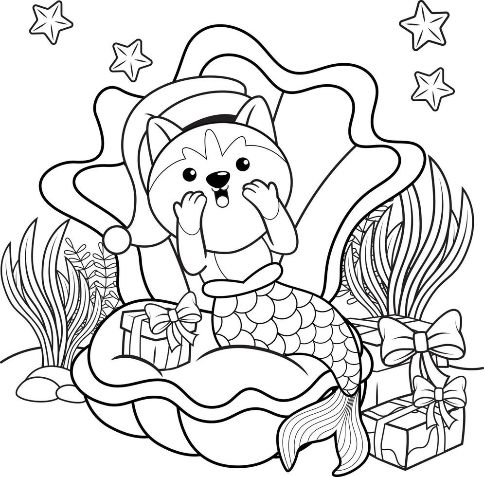 libro de colorear de navidad con linda sirena husky vector