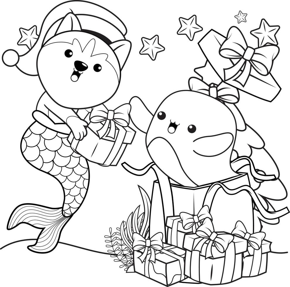 Christmas coloring book with cute husky mermaid vector
