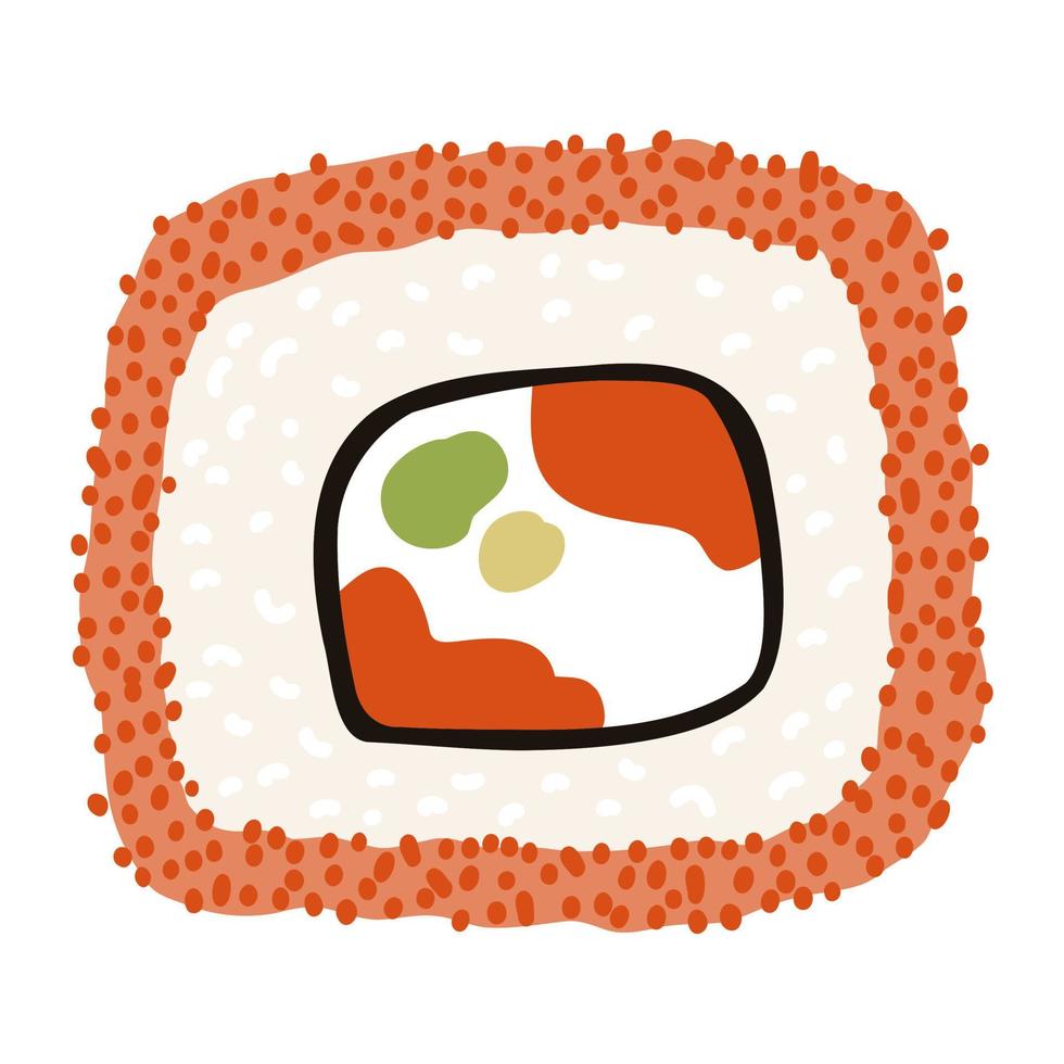sushi uramaki en estilo plano de dibujos animados. cocina tradicional japonesa dibujada a mano. vector
