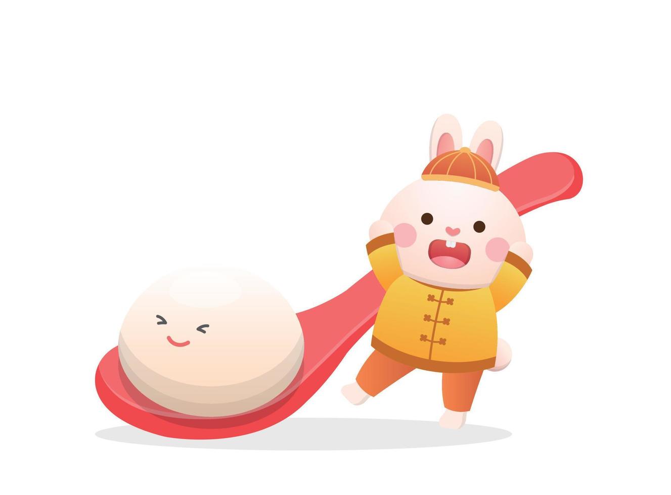 lindo personaje de conejo o mascota con bolas de arroz glutinoso, festival de linternas o solsticio de invierno, deliciosa comida dulce de arroz glutinoso en asia, estilo de dibujos animados juguetón y lindo vector