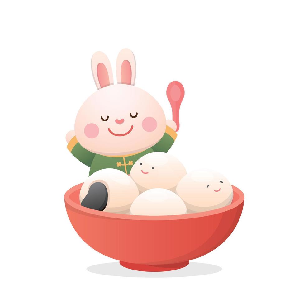 Cute rabbit character or mascot with glutinous rice balls, Lantern Festival or Winter Solstice, delicious glutinous rice sweet food in Asia, playful and cute cartoon style vector