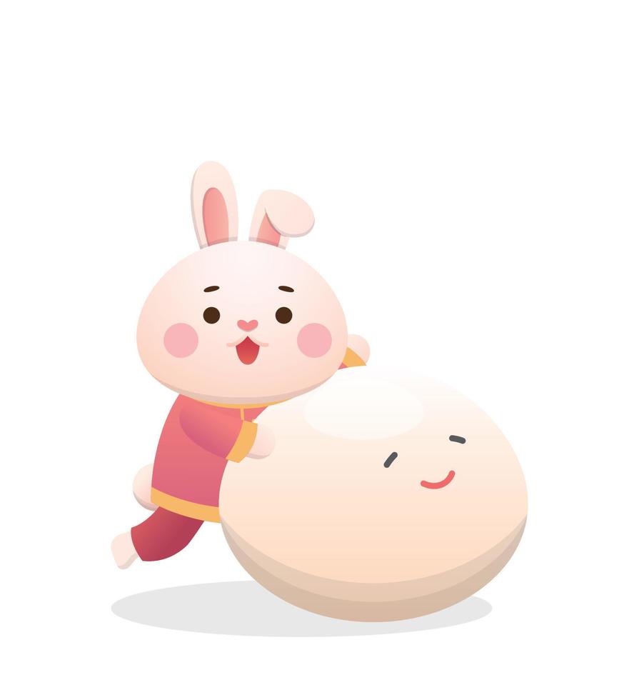 Cute rabbit character or mascot with glutinous rice balls, Lantern Festival or Winter Solstice, delicious glutinous rice sweet food in Asia, playful and cute cartoon style vector