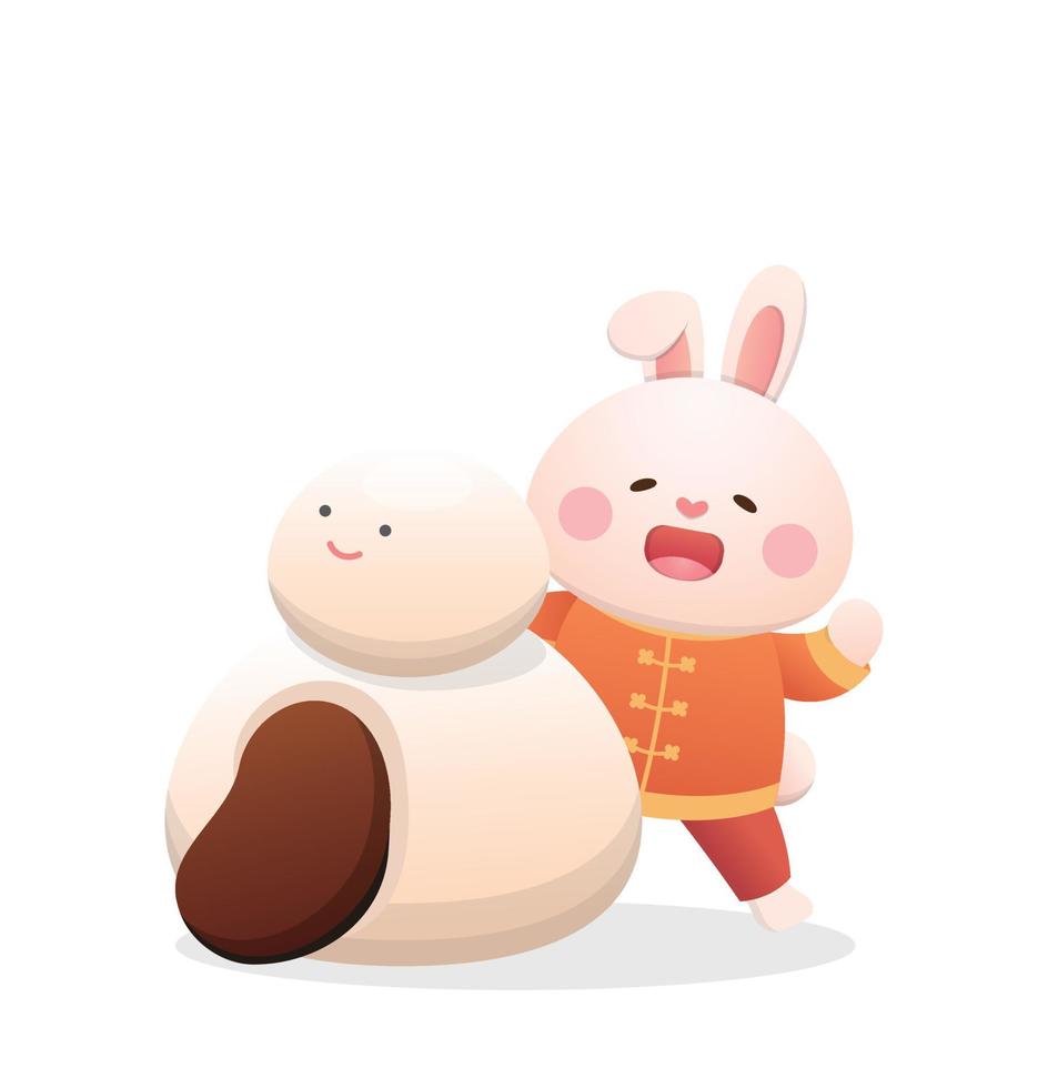 Cute rabbit character or mascot with glutinous rice balls, Lantern Festival or Winter Solstice, delicious glutinous rice dessert in Asia, half with filling flavors vector