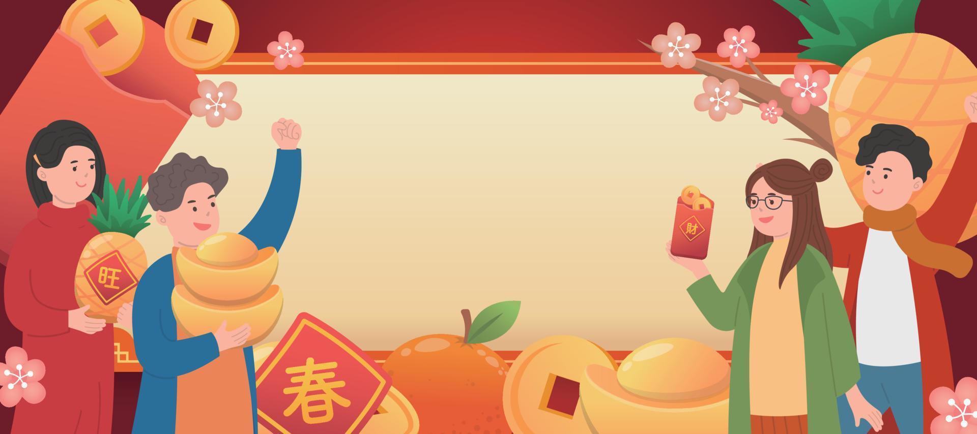 Poster celebrating Chinese New Year, happy people with gold coins and ingots and oranges and pineapples vector