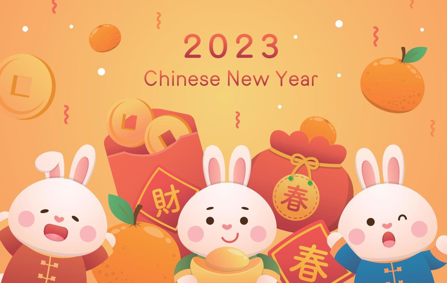 Golden poster for Chinese New Year, cute rabbit character or mascot, red paper bag with a lot of money vector