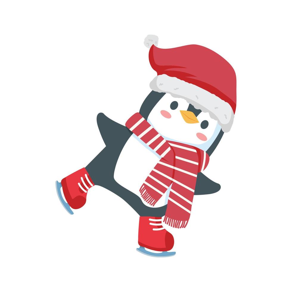 penguin with scarf  ice skating cartoon vector