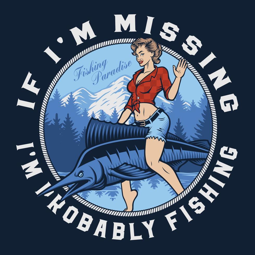 Vintage fishing emblem with a pin up girl vector