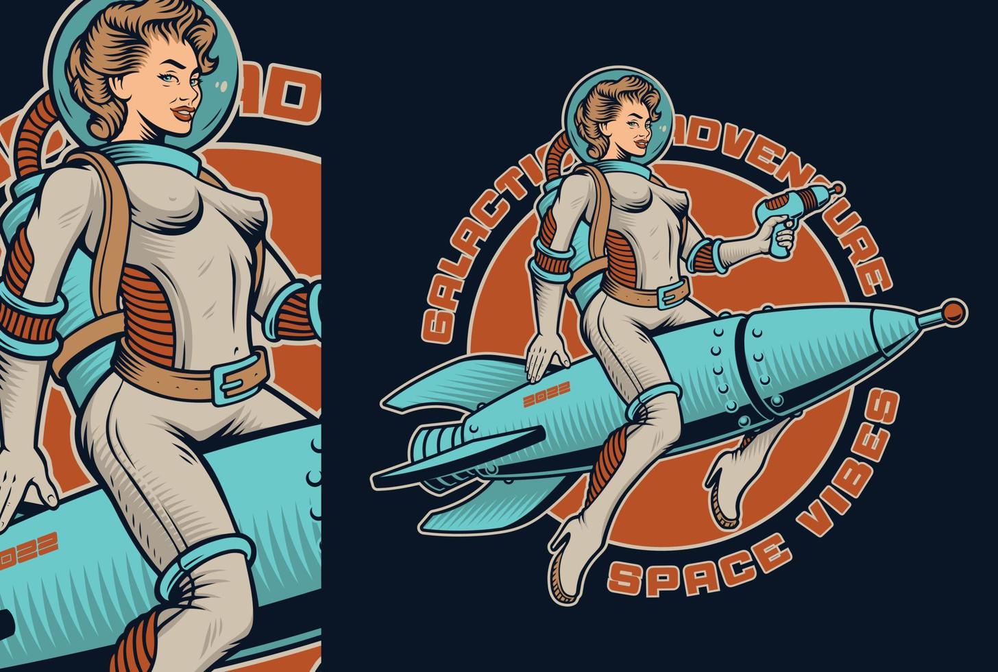 ilustración vintage con pin up girl en cohete espacial vector