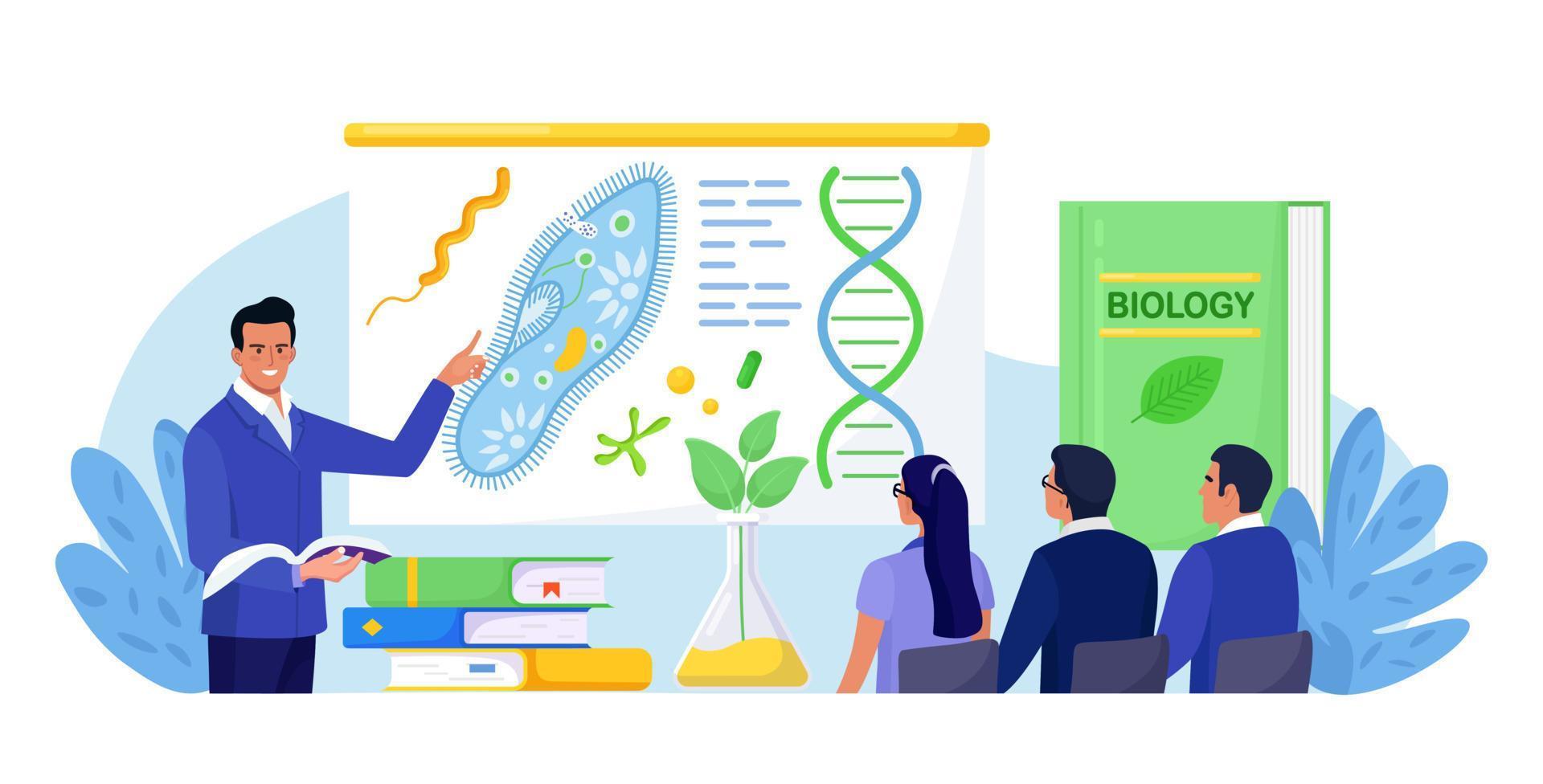 Biology school subject. Students exploring nature and living organism structure. Teacher standing at whiteboard and explaining biological process to children. Academic education vector