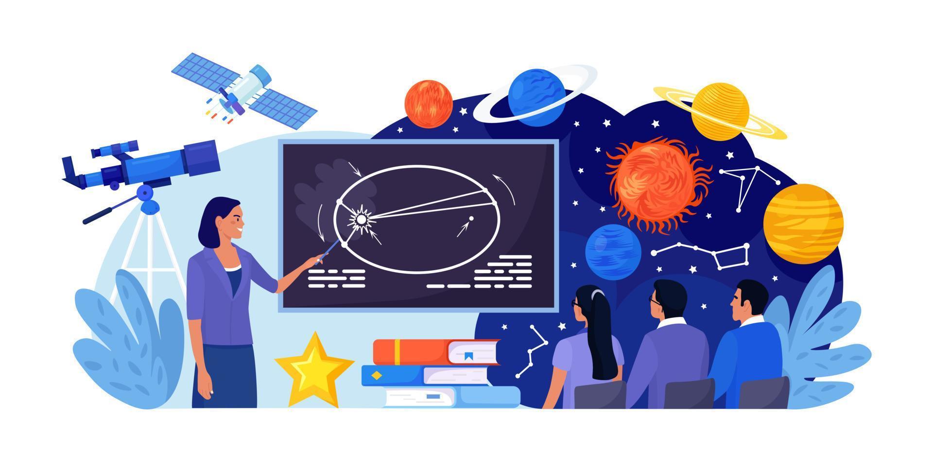 Astronomy, astronomical observation. Pupils at astronomy class in planetarium. Children learning planets, universes. Students studying galaxy through telescope, watching meteors constellation of stars vector