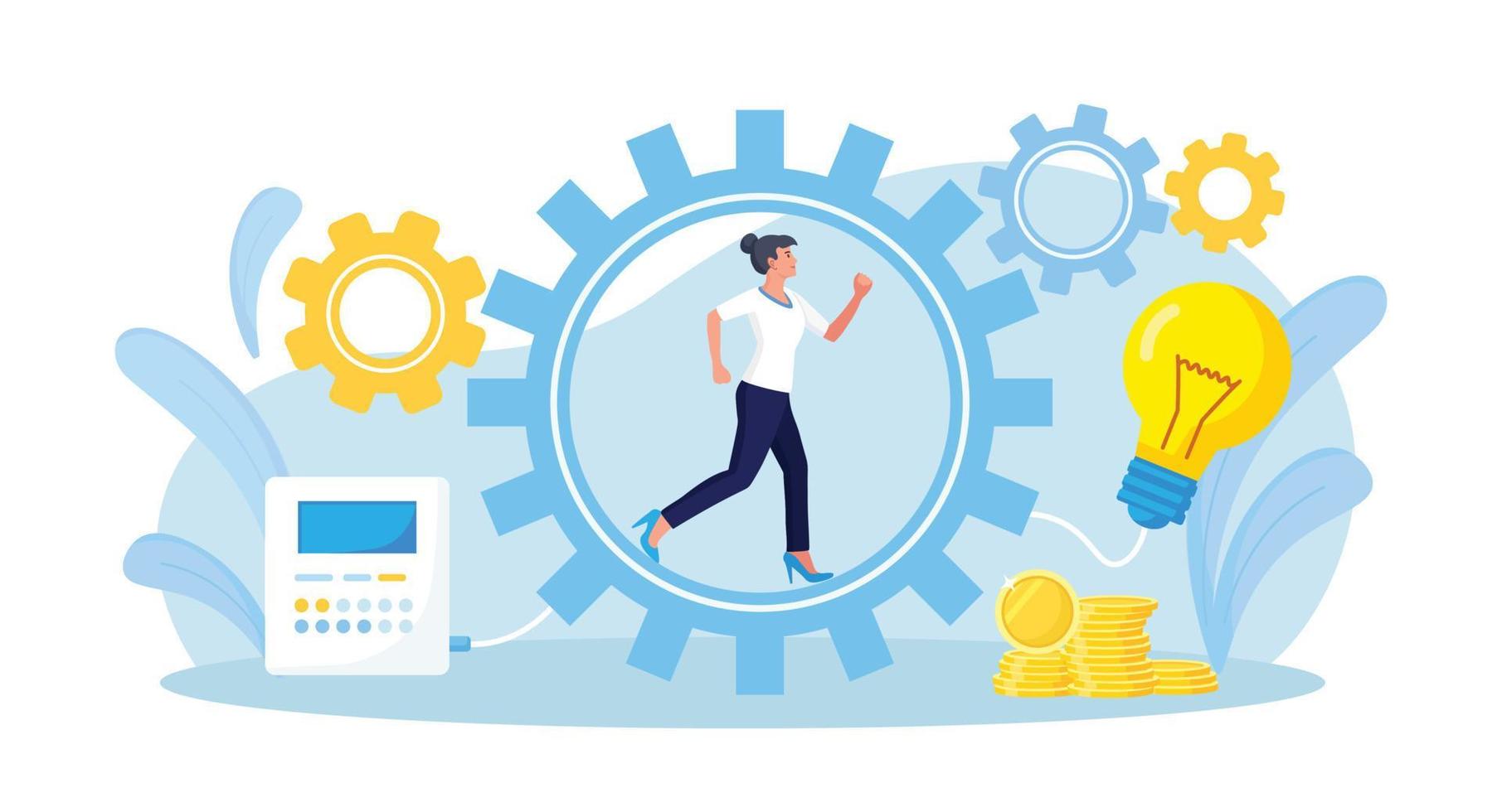 Business woman running in gear wheels, generate creative business idea. Employee inside cogwheel in hurry develop innovation or startup. Leader reach goal, power of motivation. Hard work and success vector