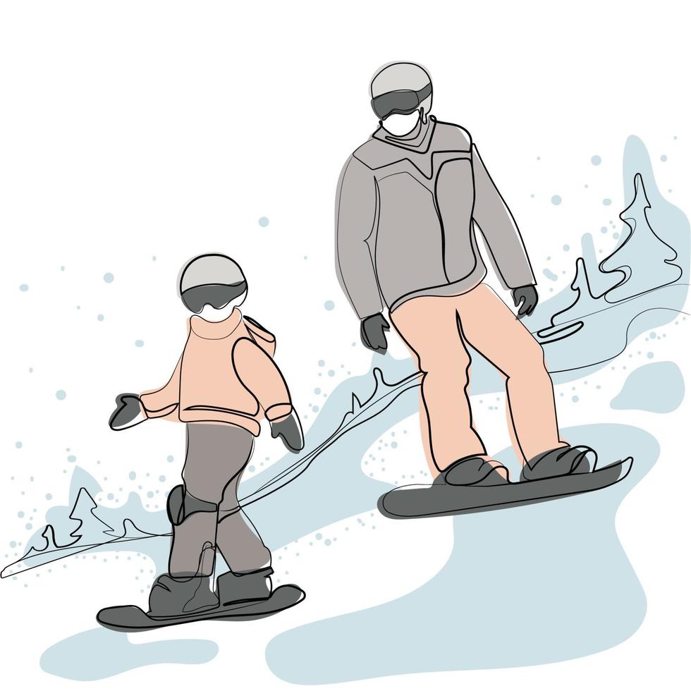 dos personas en tablas de snowboard montan en colinas de montaña dibujo de línea de arte mínimo. ilustración vectorial. snowboarders de padre e hijo pasan el día de invierno juntos montando en las laderas. estilo de vida activo. vector
