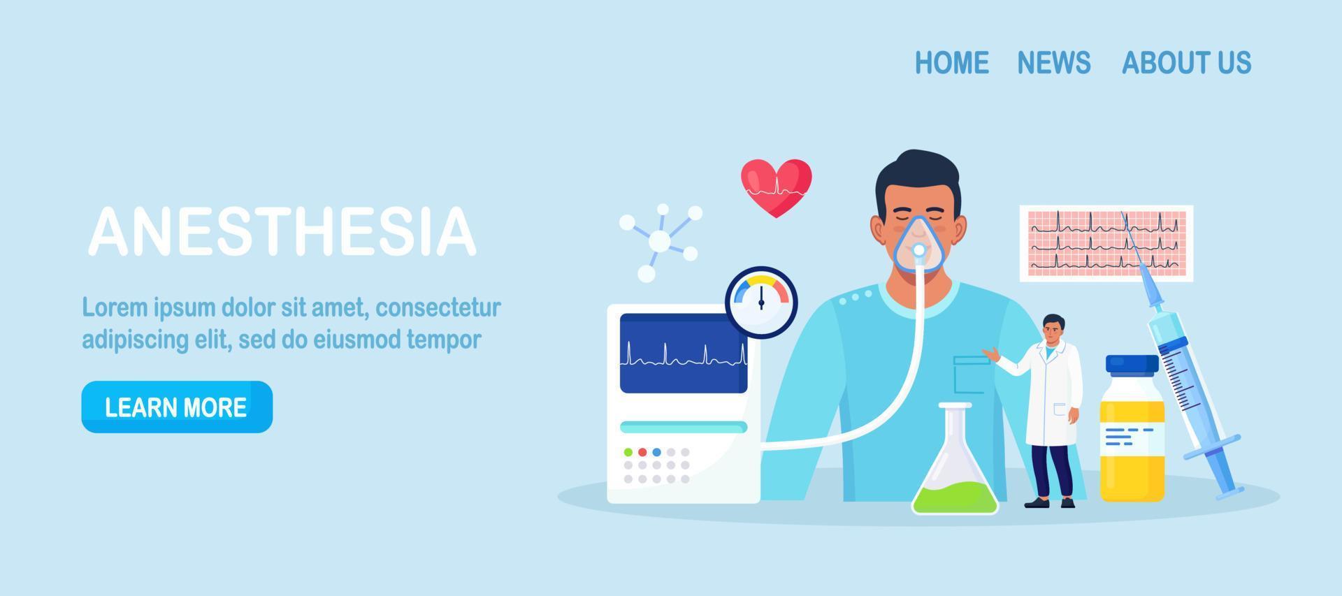 Anesthesia. Doctor anesthesiologist performing inhalation and epidural anesthesia. Patient with anesthetic oxygen mask sleeping in intensive care unit. Emergency, first aid. Preparing man for surgery vector