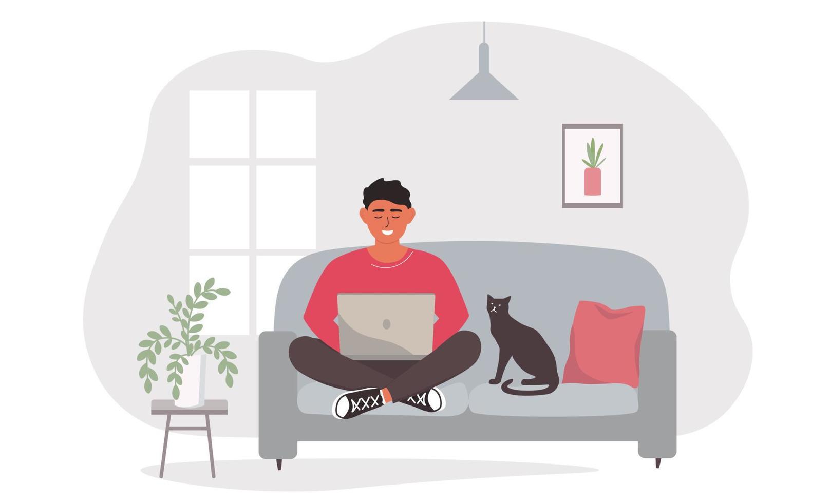 A man is sitting with a laptop at home on sofa, working remotely. A student studies online. Vector graphics.