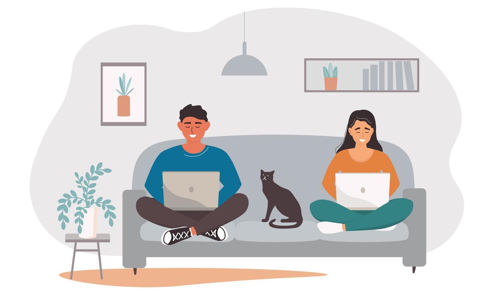 A guy and a girl are sitting on the couch with laptops. A person works online, studies, communicates remotely from home. The couple lives a virtual life. Vector graphics.