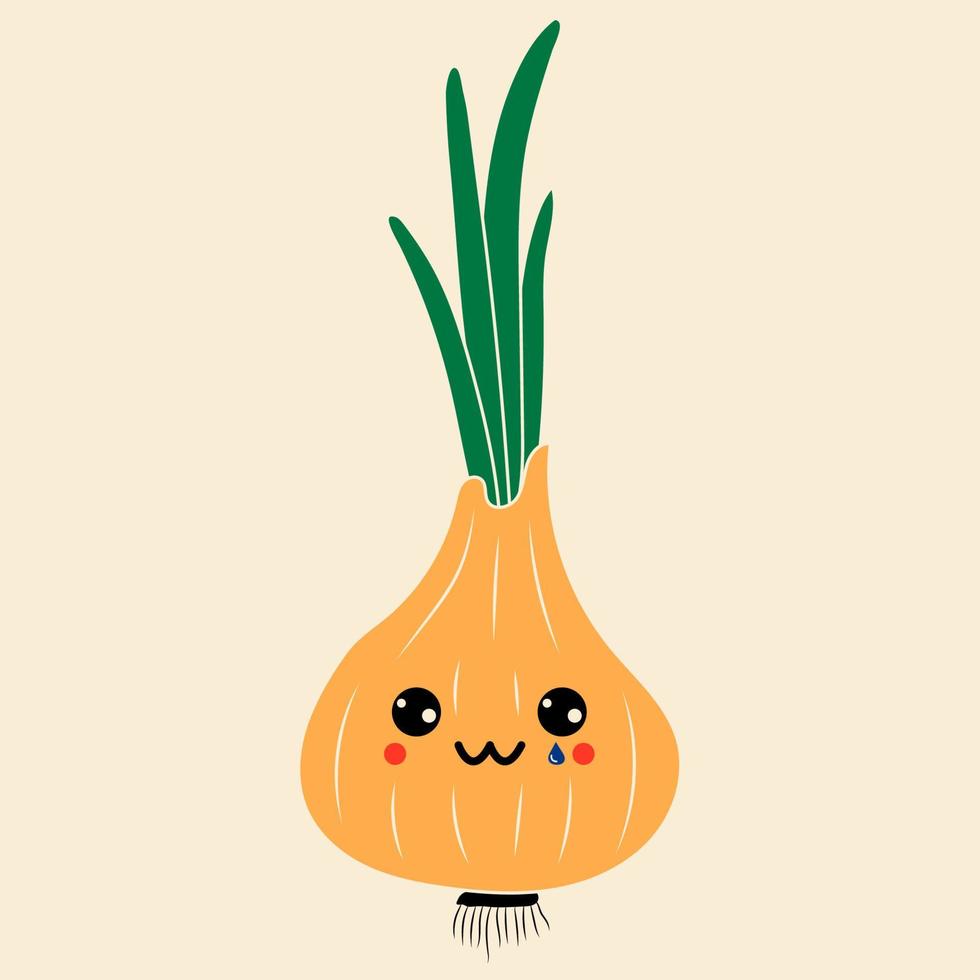 Green onion with kawaii eyes. Vector in cartoon style. All elements are isolated