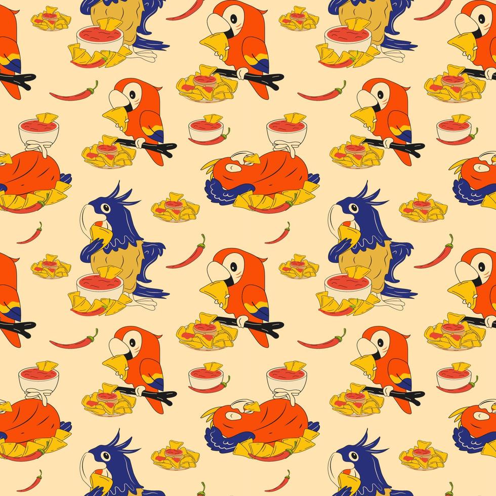 Seamless pattern with set of parrots mascots eat nachos. Mexican nachos chips fast food snack vector