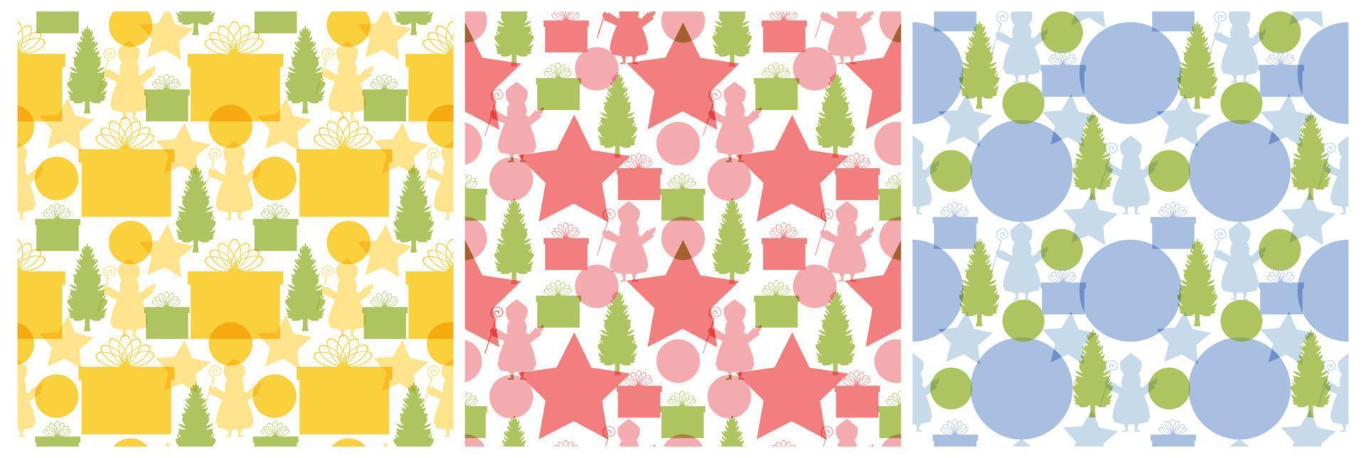 Set of Saint Nicholas Day or Sinterklaas Seamless Pattern with Gift Box and Christmas Template Background Hand Drawn Cartoon Flat Illustration vector