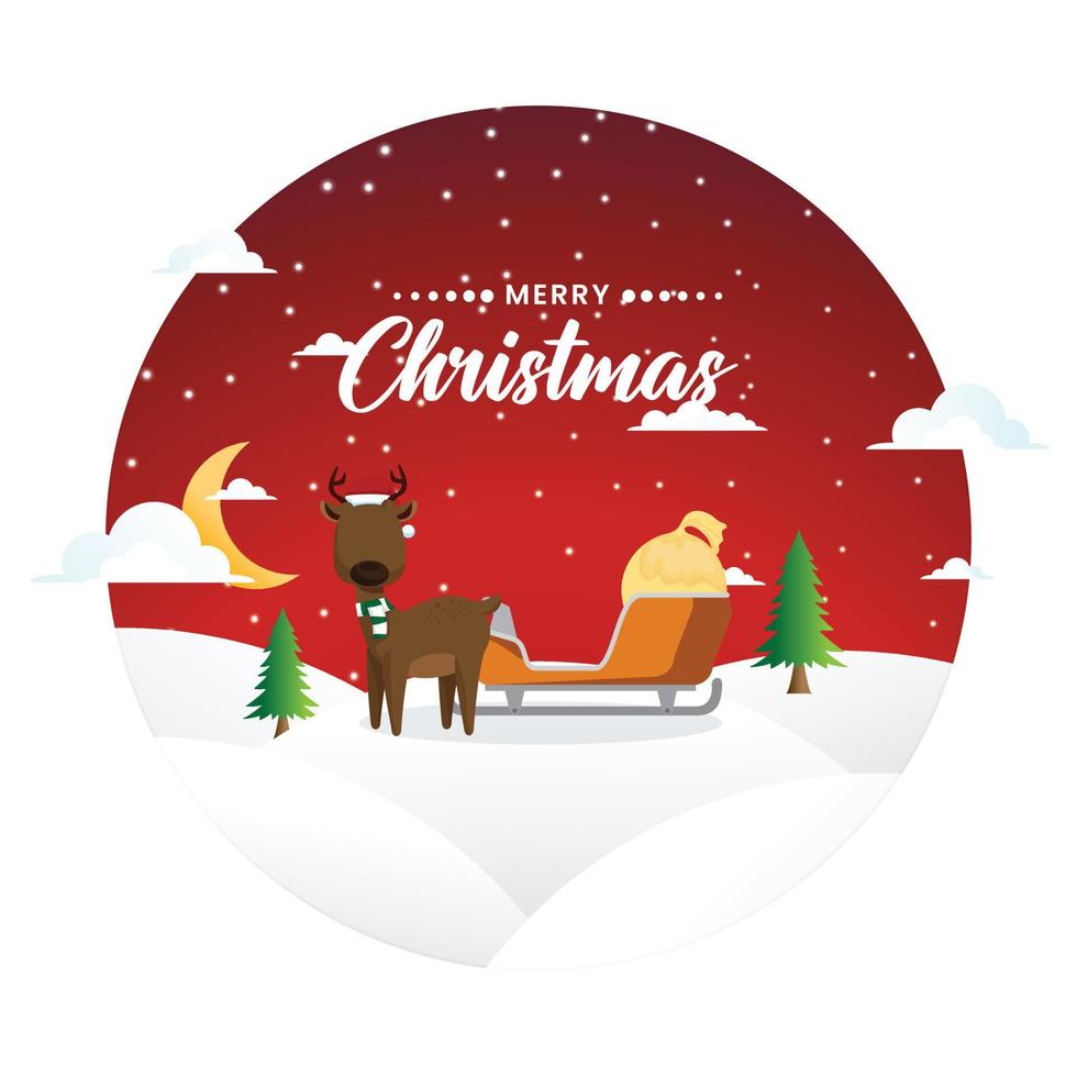 Christmas winter landscape with deer and Santa's sleigh.  Christmas festive poster design vector