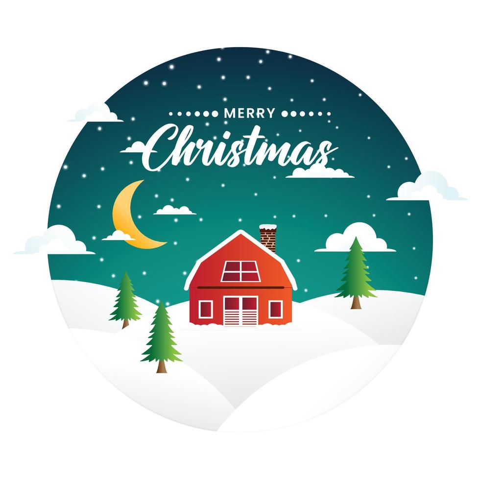 paisaje de invierno de navidad con casa de pueblo y árbol de navidad. diseño de cartel festivo de navidad vector