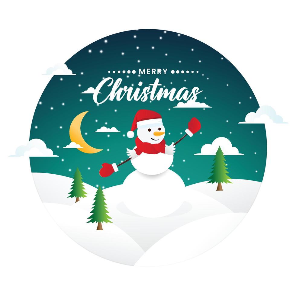 paisaje de invierno de navidad con muñeco de nieve y árbol de navidad. diseño de cartel festivo de navidad vector