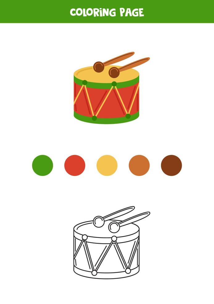Color cute cartoon drum. Worksheet for kids. vector