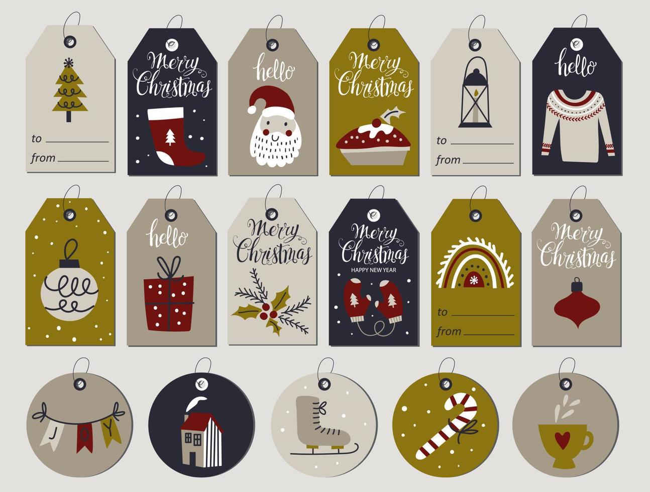 Set of merry christmas tags with hand drawing elements. Vector