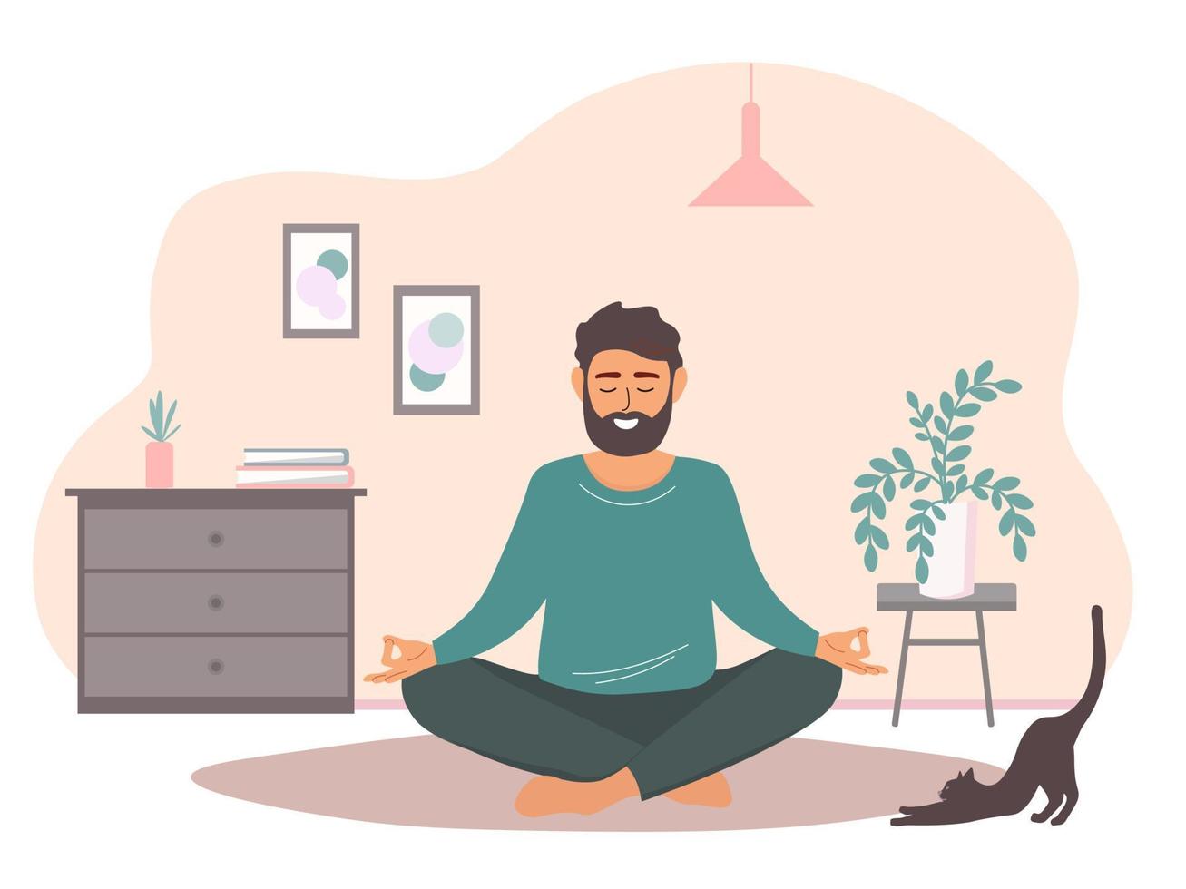 The guy is sitting in the lotus position in the room on the floor. A man does yoga asanas alone at home. Vector graphics.