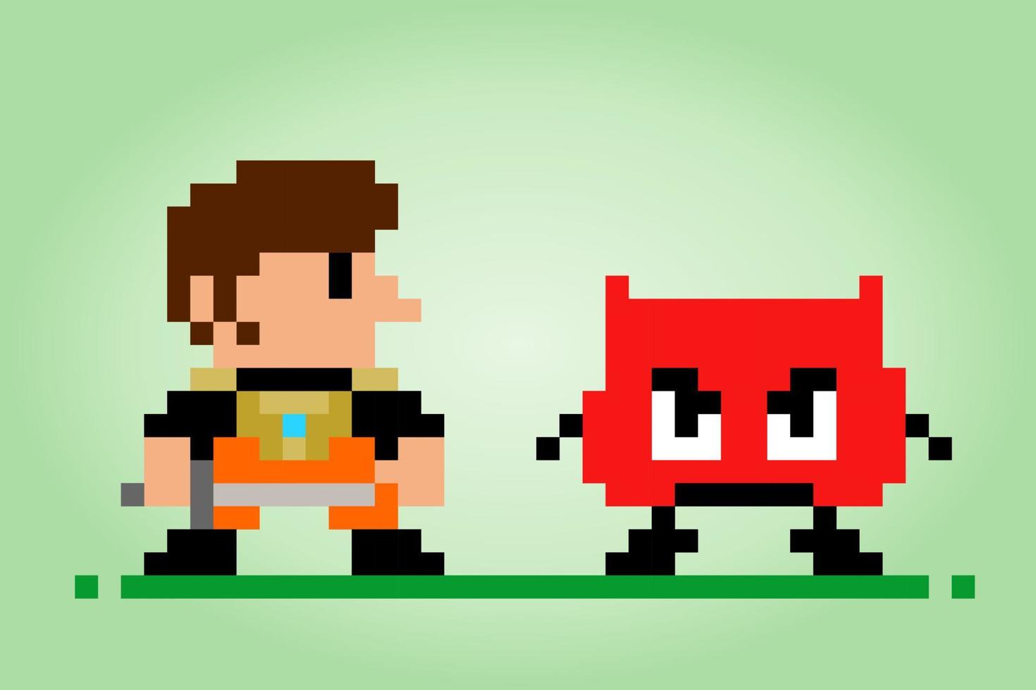 8-bit pixels human and monsters. Game character in vector illustration