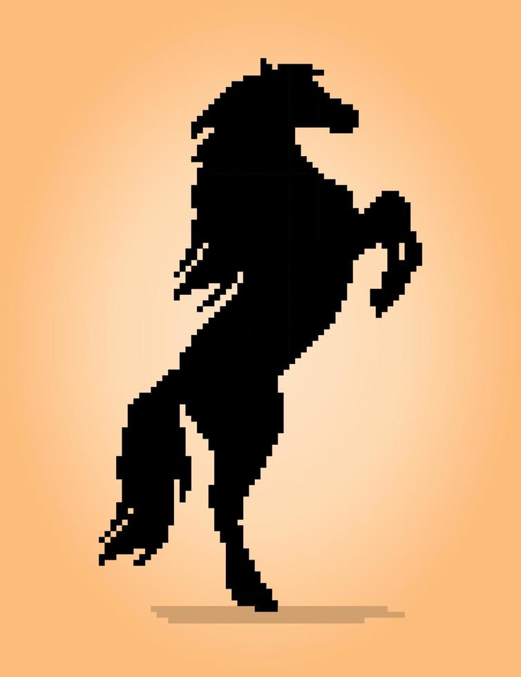 8 bit pixels of black horse. silhouette for game assets and cross stitch patterns in vector illustrations.