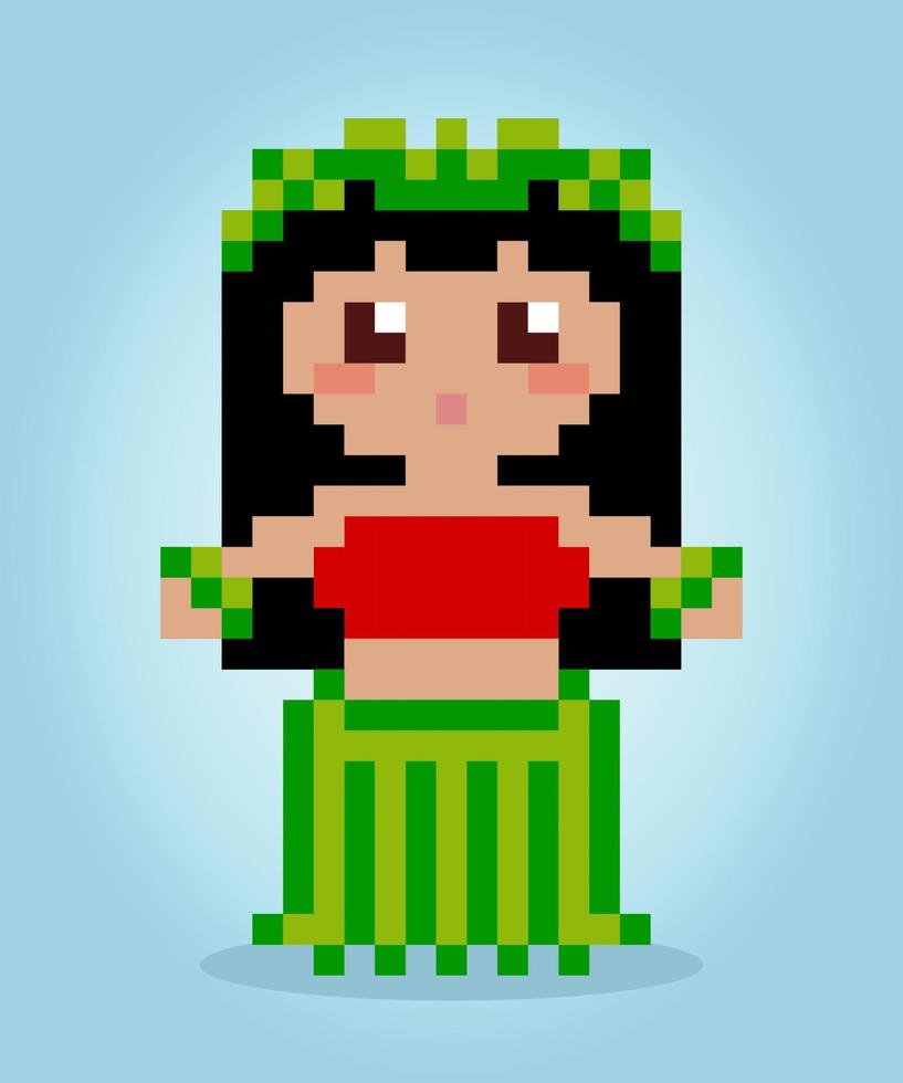 8 bit pixels of hula dancer. Hawaii tradition for game assets and cross stitch patterns in vector illustrations.