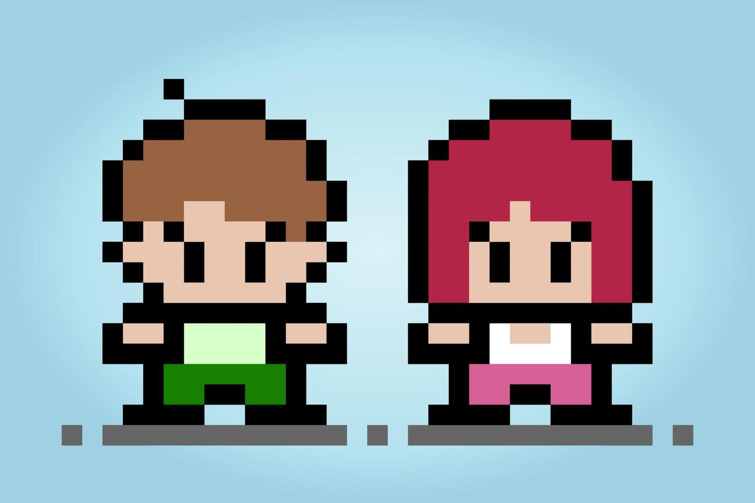 8 bit pixel human couples. Male and girl pair for game assets and cross stitch patterns in vector illustrations.