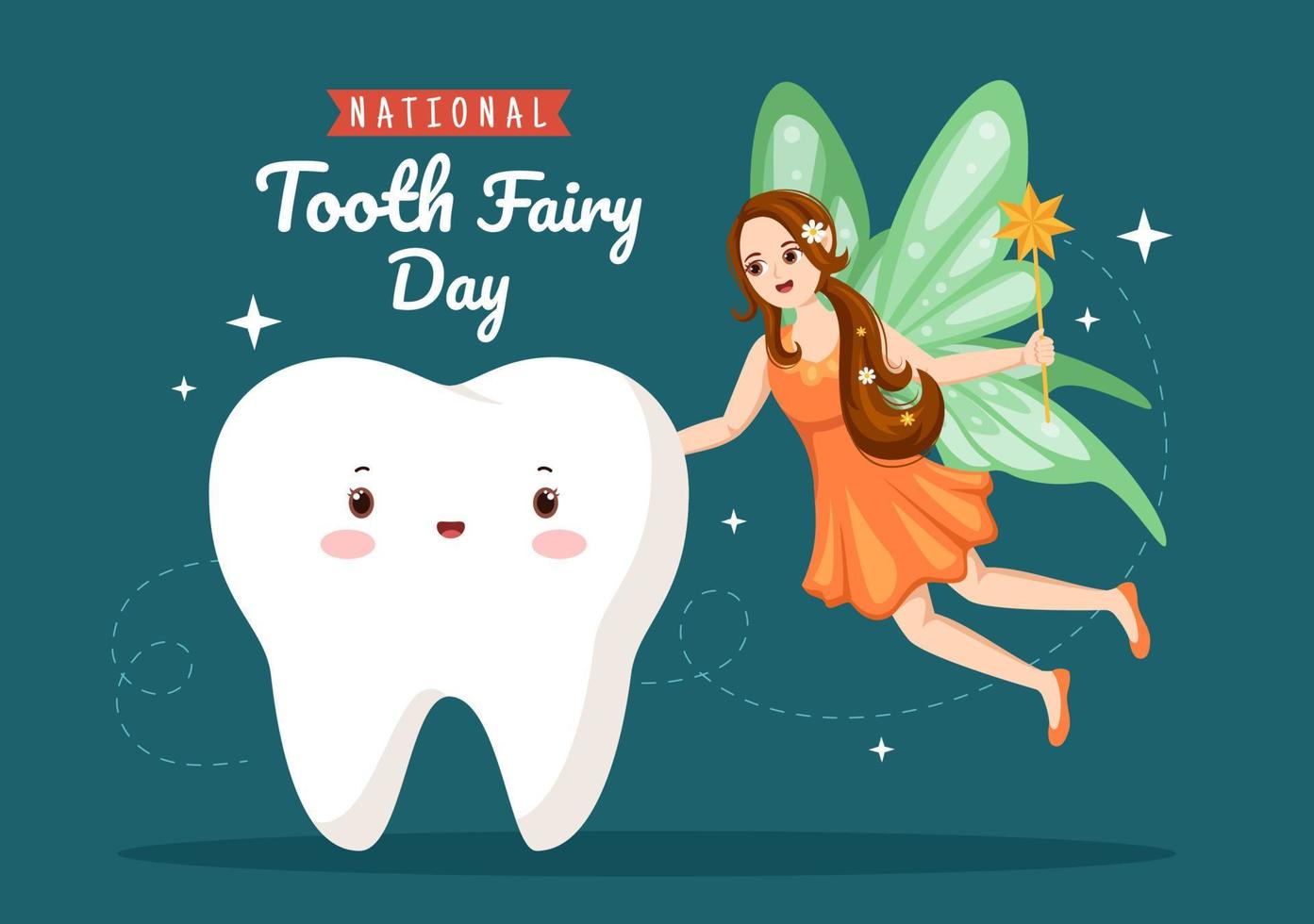 día nacional del hada de los dientes con una niña pequeña para ayudar a los niños a que el tratamiento dental encaje como un póster en una ilustración de plantilla dibujada a mano de caricatura plana vector