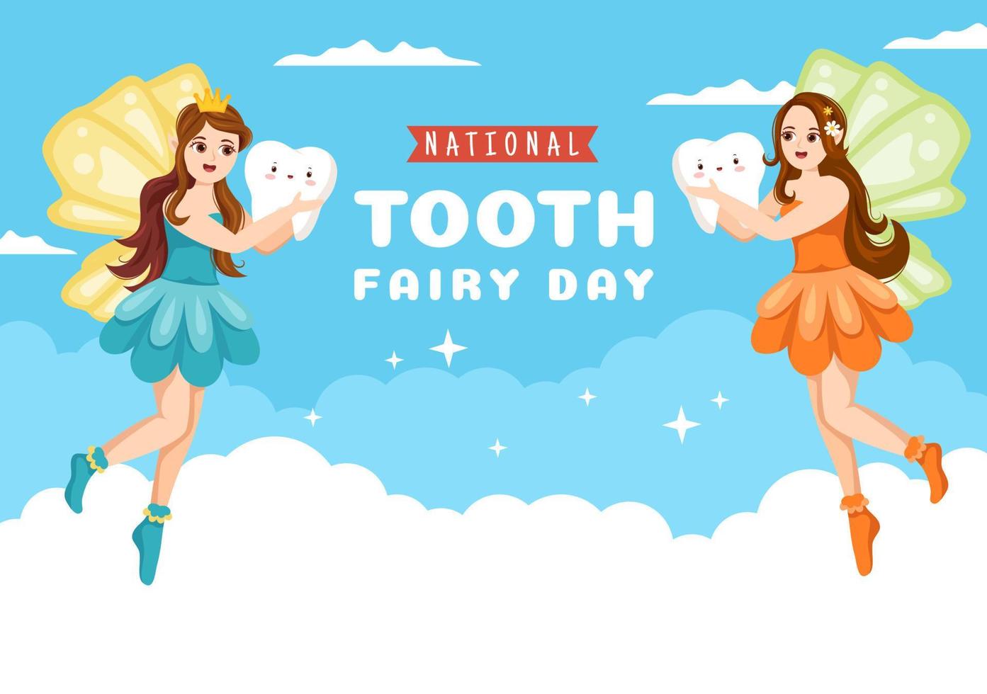 National Tooth Fairy Day with Little Girl to Help Kids for Dental Treatment Fit as a Poster in Flat Cartoon Hand Drawn Template Illustration vector