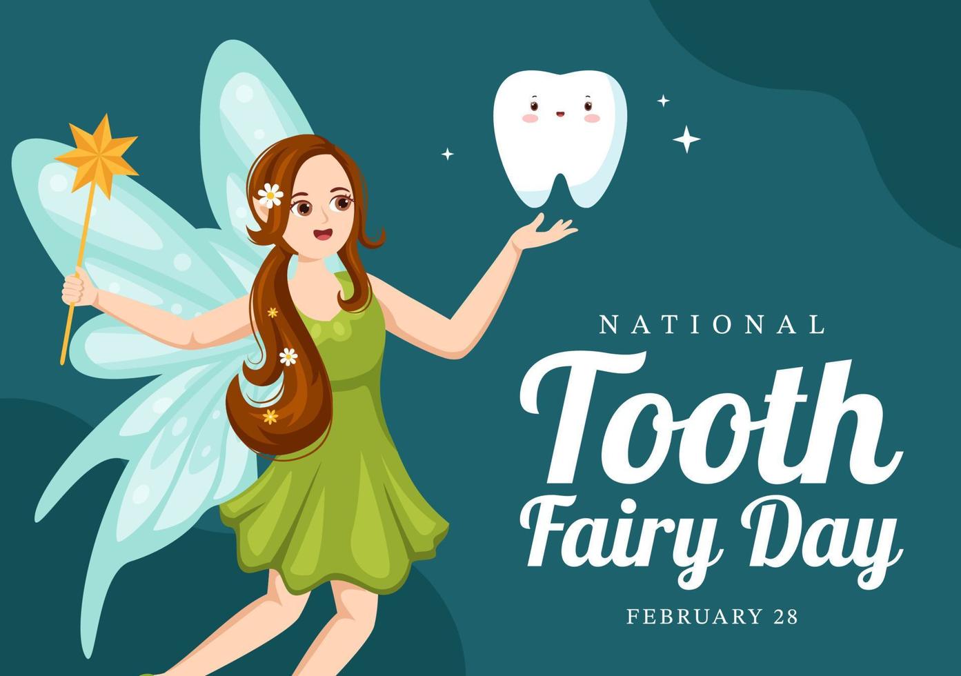 día nacional del hada de los dientes con una niña pequeña para ayudar a los niños a que el tratamiento dental encaje como un póster en una ilustración de plantilla dibujada a mano de caricatura plana vector