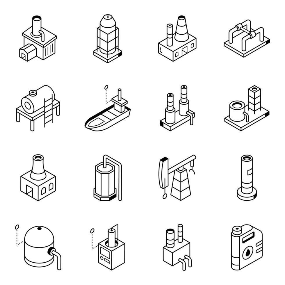 colección de iconos de línea isométrica de fábrica de combustible vector