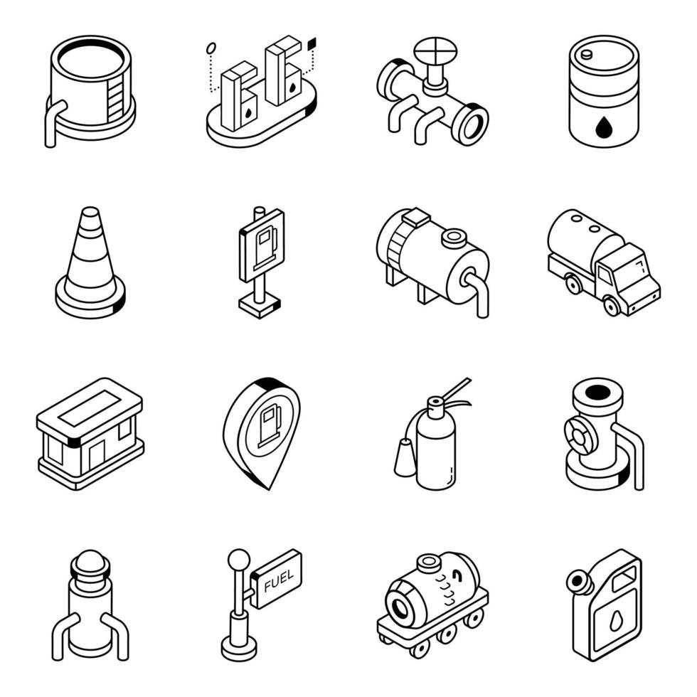Pack of Oil Industry Isometric Line Icons vector