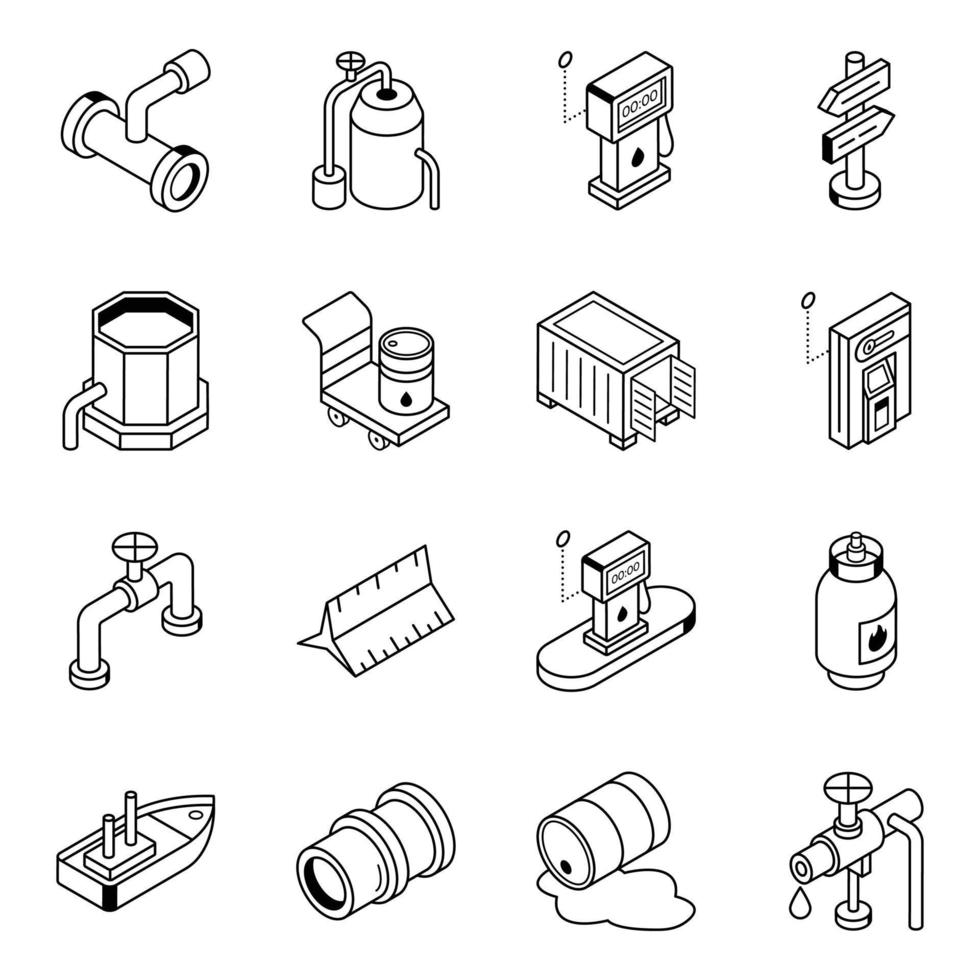 conjunto de iconos de línea isométrica de la industria del gas vector