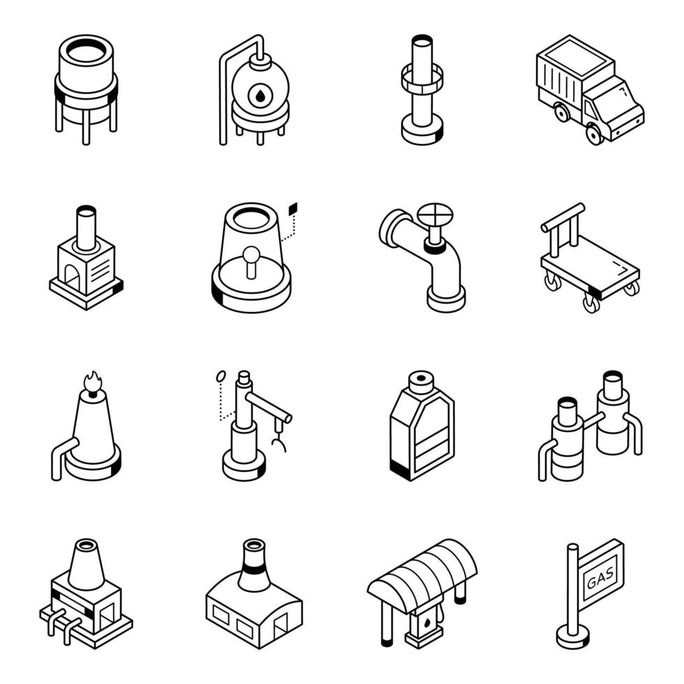 paquete de iconos de línea isométrica de fábrica de petróleo vector