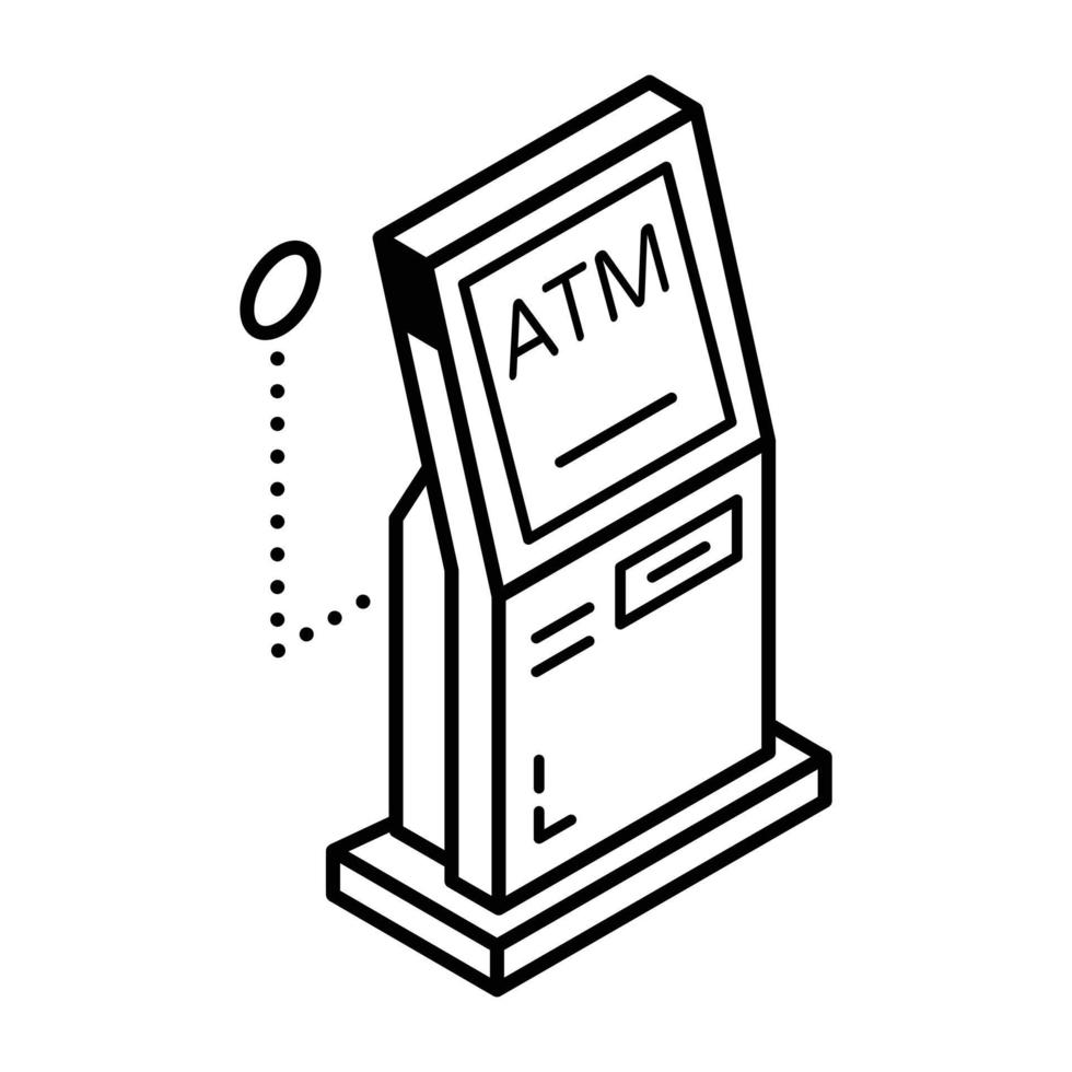 Bank machine outline isometric icon vector