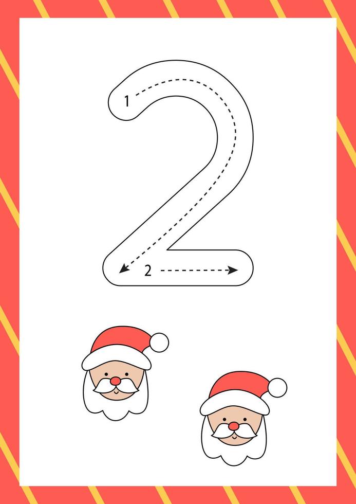 Christmas flashcard how to write number two. Worksheet for kids. vector