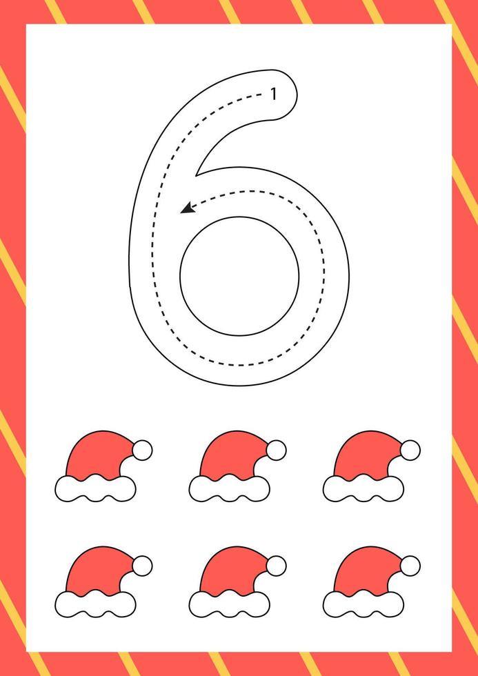 Christmas flashcard how to write number six. Worksheet for kids. vector
