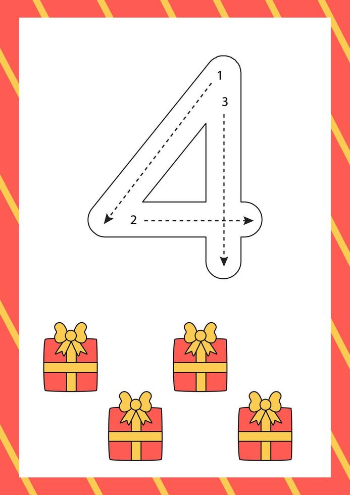 Christmas flashcard how to write number four. Worksheet for kids. vector