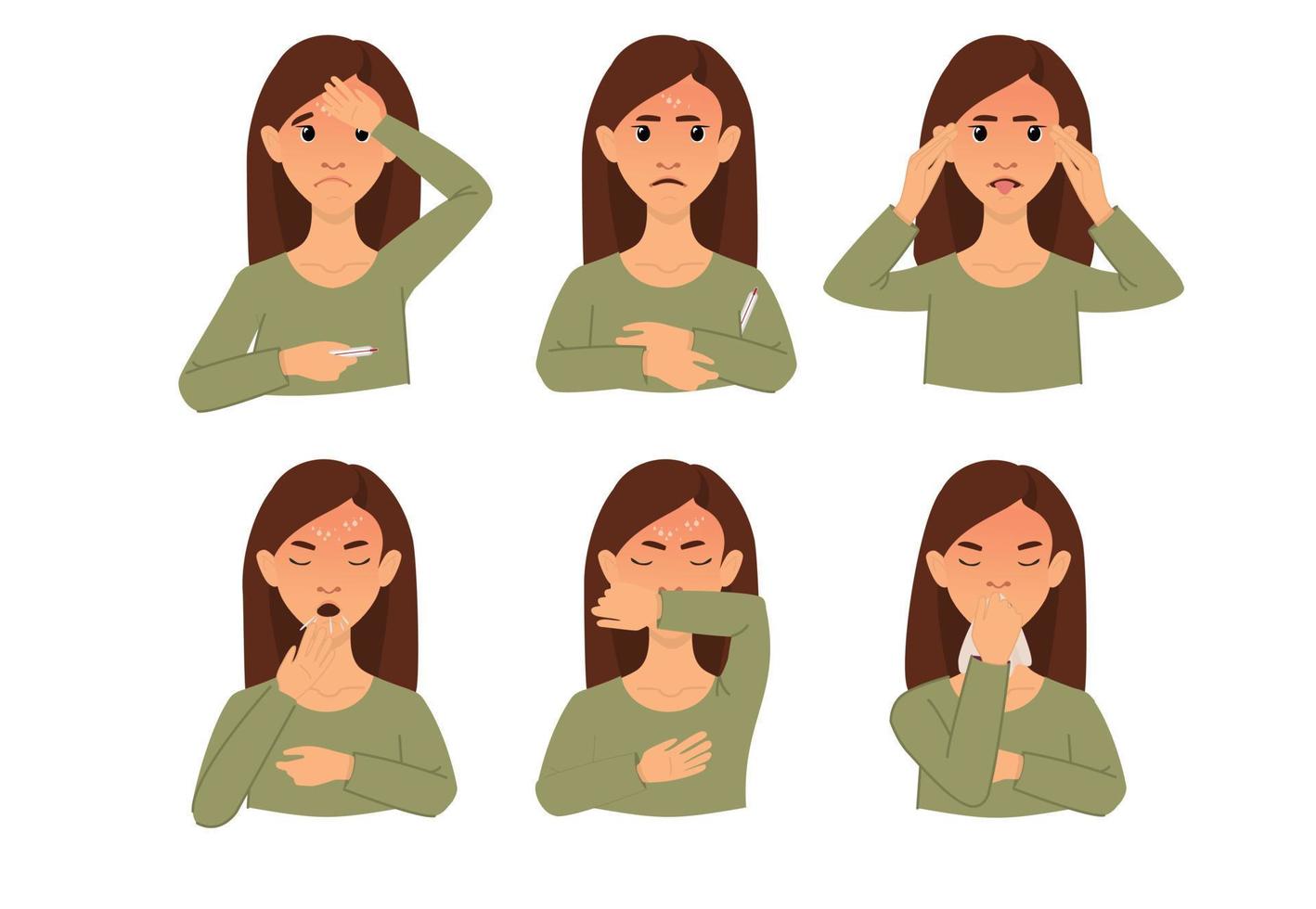 Symptoms of the disease, covid-19. Coronavirus warning. Woman with dangerous disease symptoms. Cough, fever, runny nose. Set of isolated vector illustrations in cartoon style