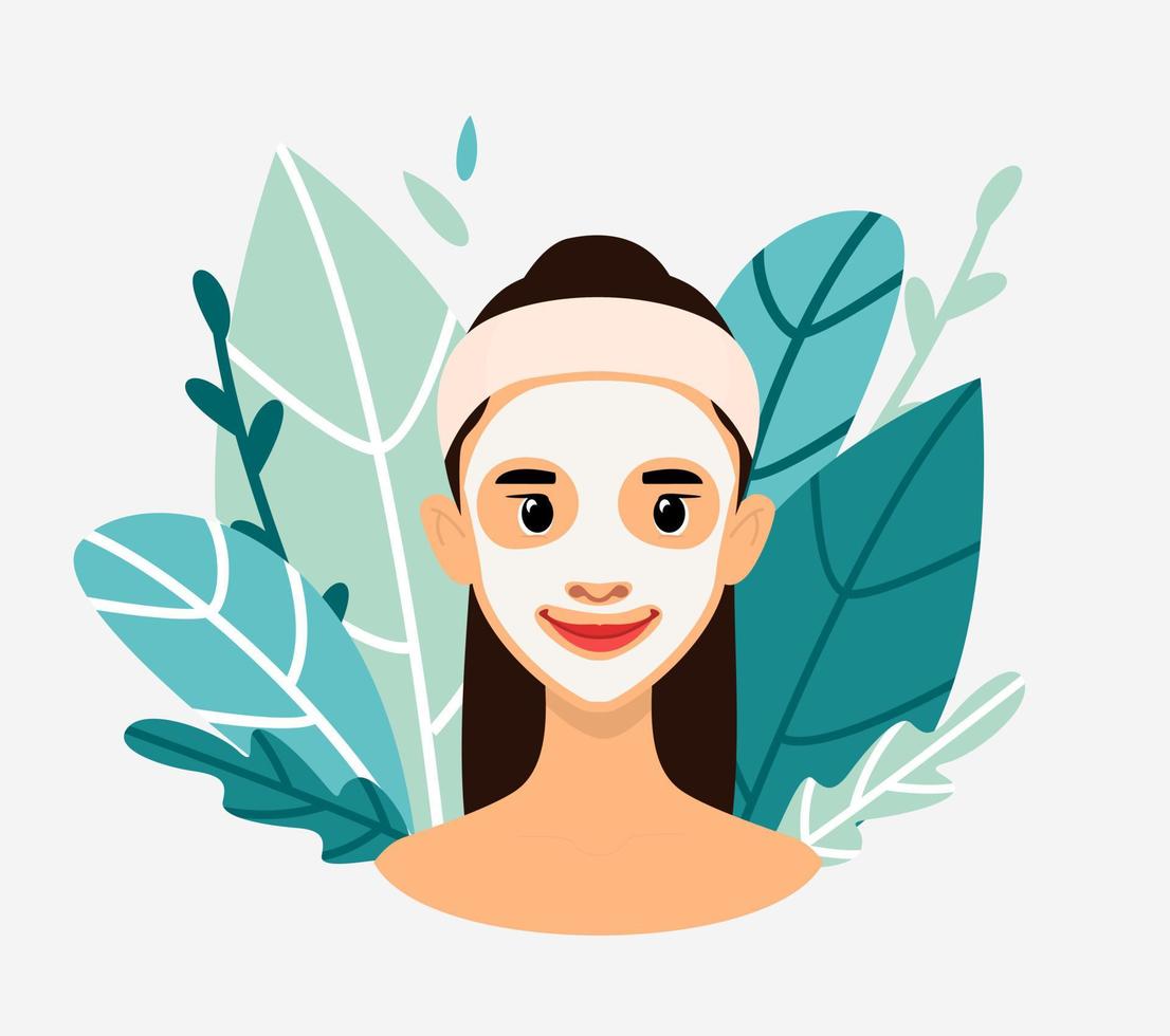 Woman with cosmetic facial mask. Floral background. Flat vector illustration isolated on white background.