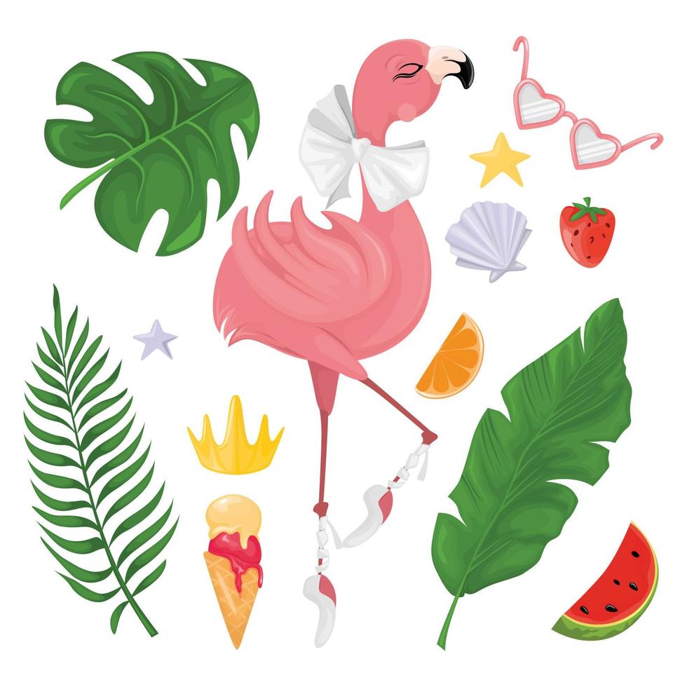 Tropical set with cute flamingos, palm leaves and decorative elements. Vector cartoon style. Suitable for postcards, stickers, prints.