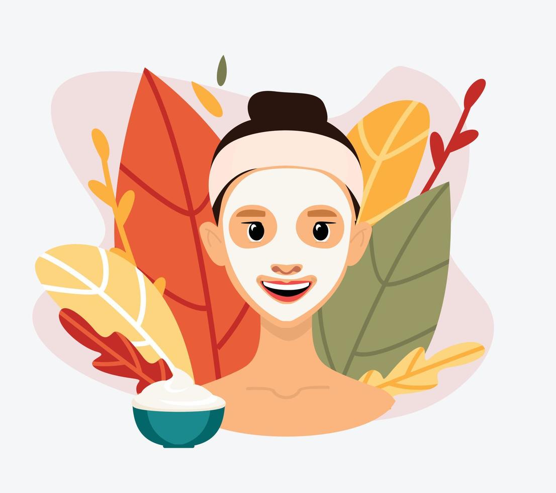 mujer con mascarilla facial cosmética. fondo floral. ilustración vectorial plana aislada sobre fondo blanco. vector